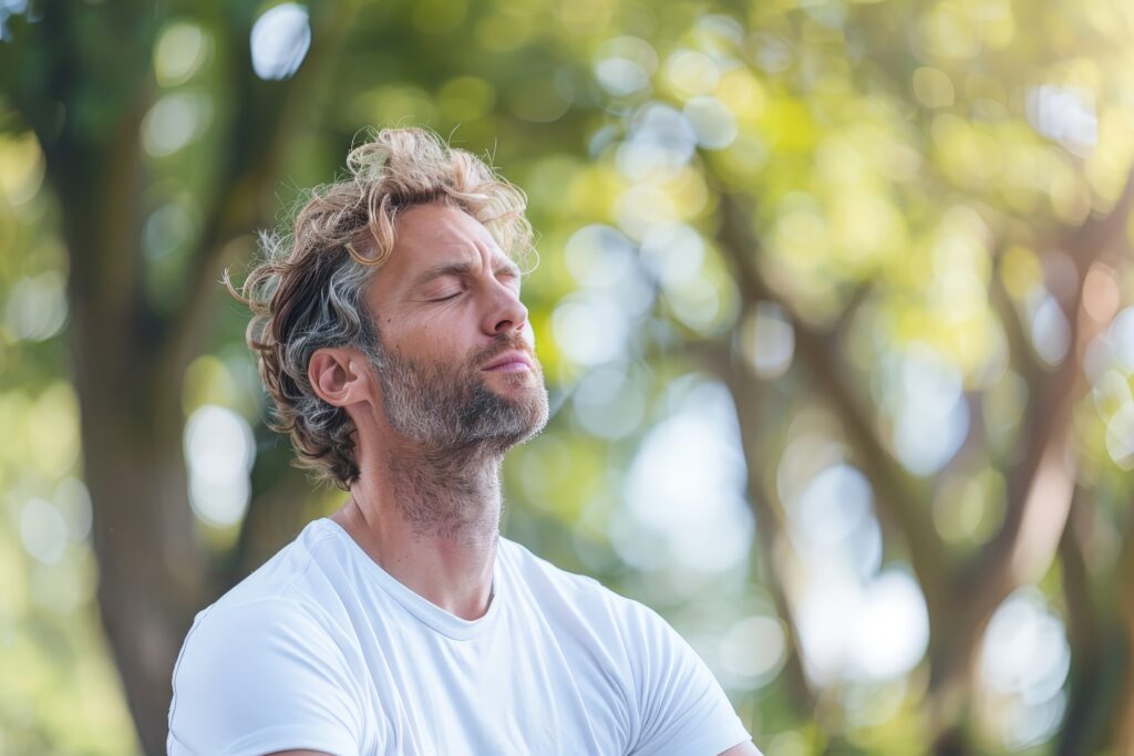 A man with closed eyes practices deep breathing outdoors, wearing a white shirt, with sunlight and green blurred trees in the background, conveying calmness and mindfulness.